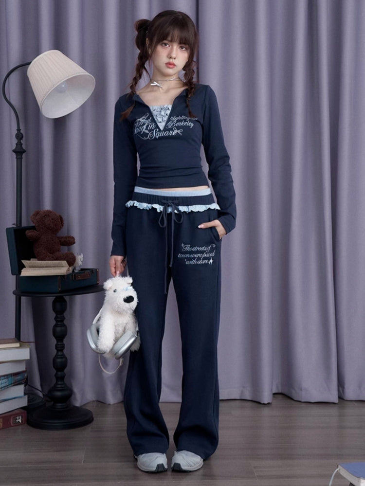 Navy Blue V-Neck Long-Sleeve Fake Two-Piece Top