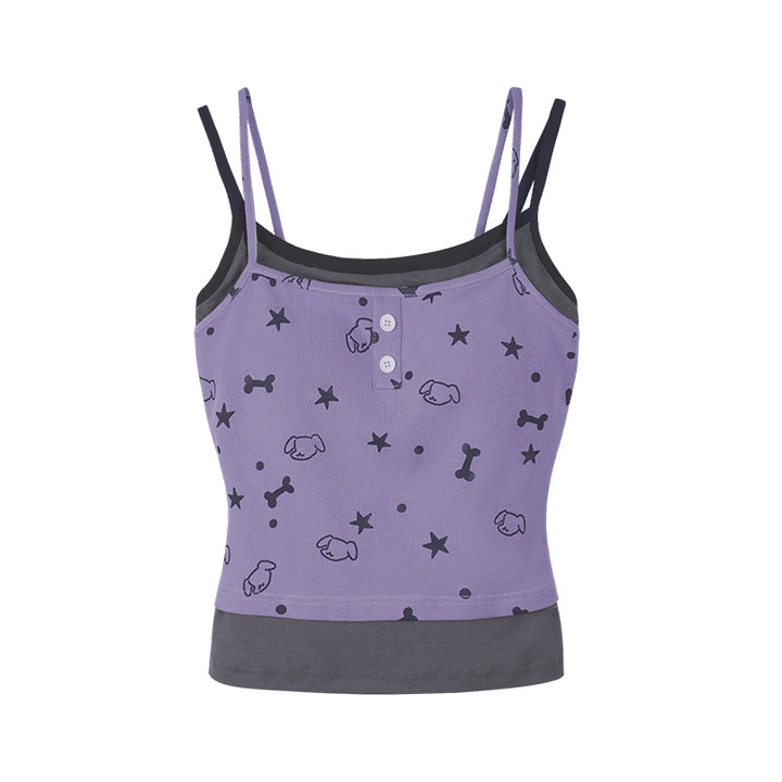 Cartoon Puppy Print Faux Two-Piece Tank Top
