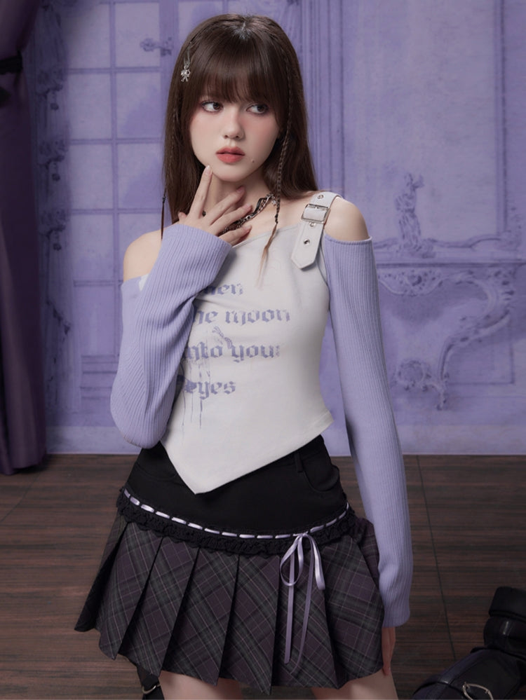 Spicy Girl Gray-Purple Off-Shoulder Long-Sleeve Irregular Top