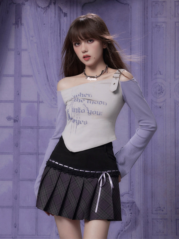 Spicy Girl Gray-Purple Off-Shoulder Long-Sleeve Irregular Top