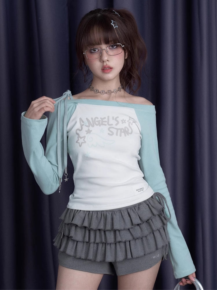 One-shoulder light green long-sleeve spring top