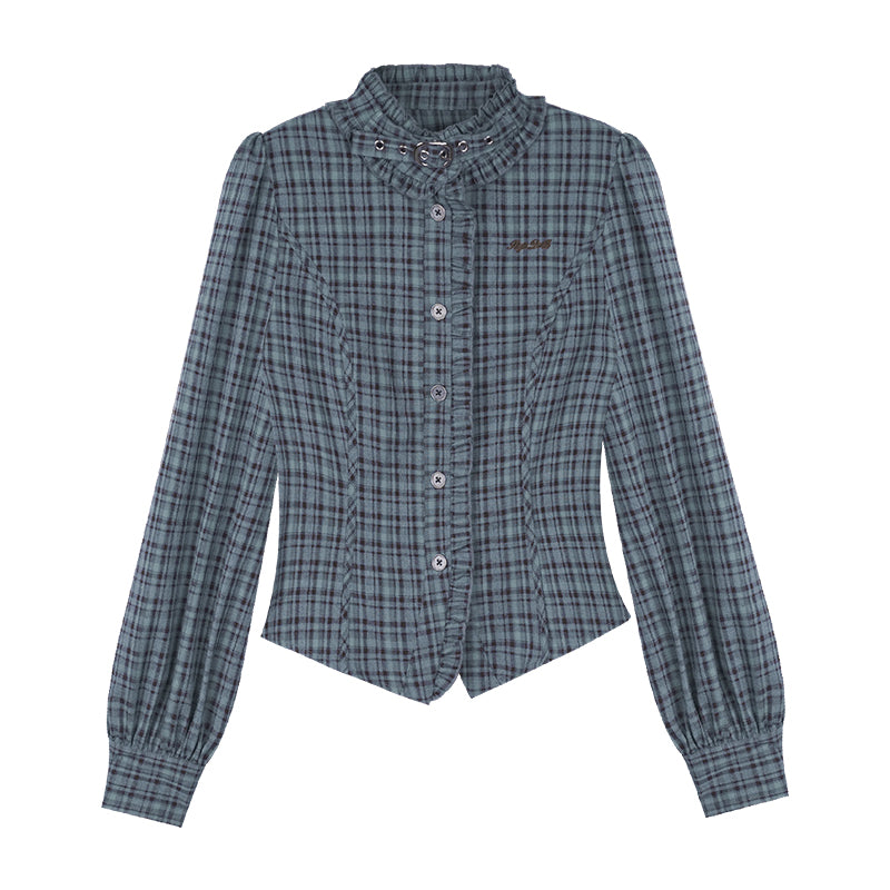 Stand collar choker blue-green plaid long-sleeve shirt