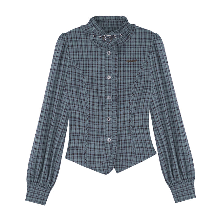 Stand collar choker blue-green plaid long-sleeve shirt