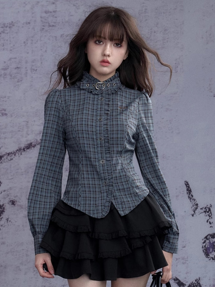 Stand collar choker blue-green plaid long-sleeve shirt