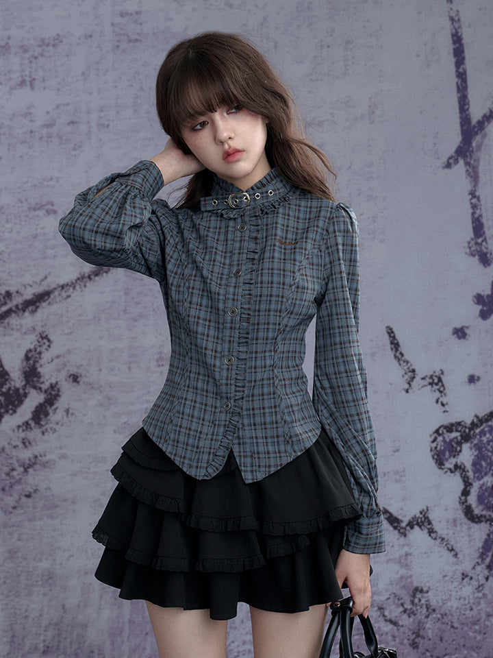 Stand collar choker blue-green plaid long-sleeve shirt