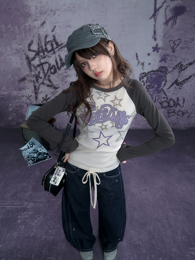 Street cool Y2K star print long-sleeve top