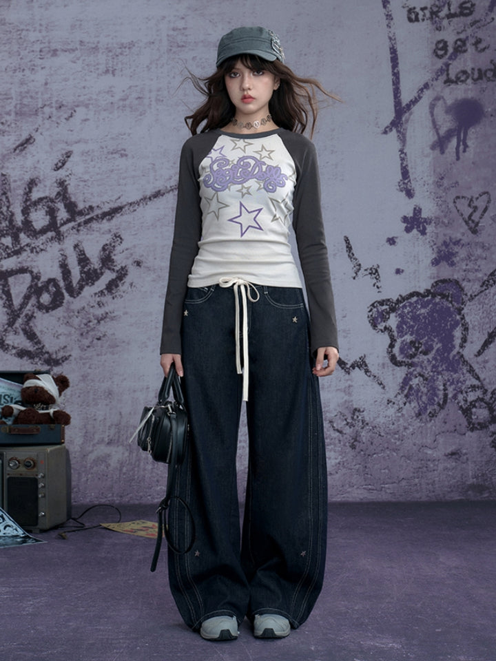 Street cool Y2K star print long-sleeve top