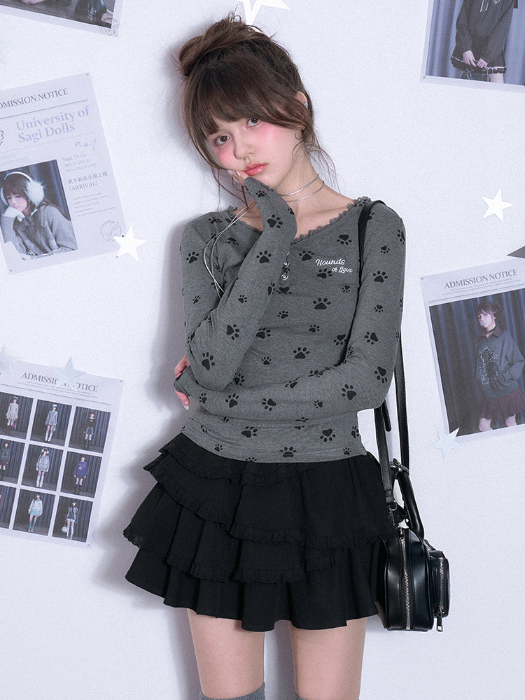 Cute puppy paw print V-neck long-sleeve top