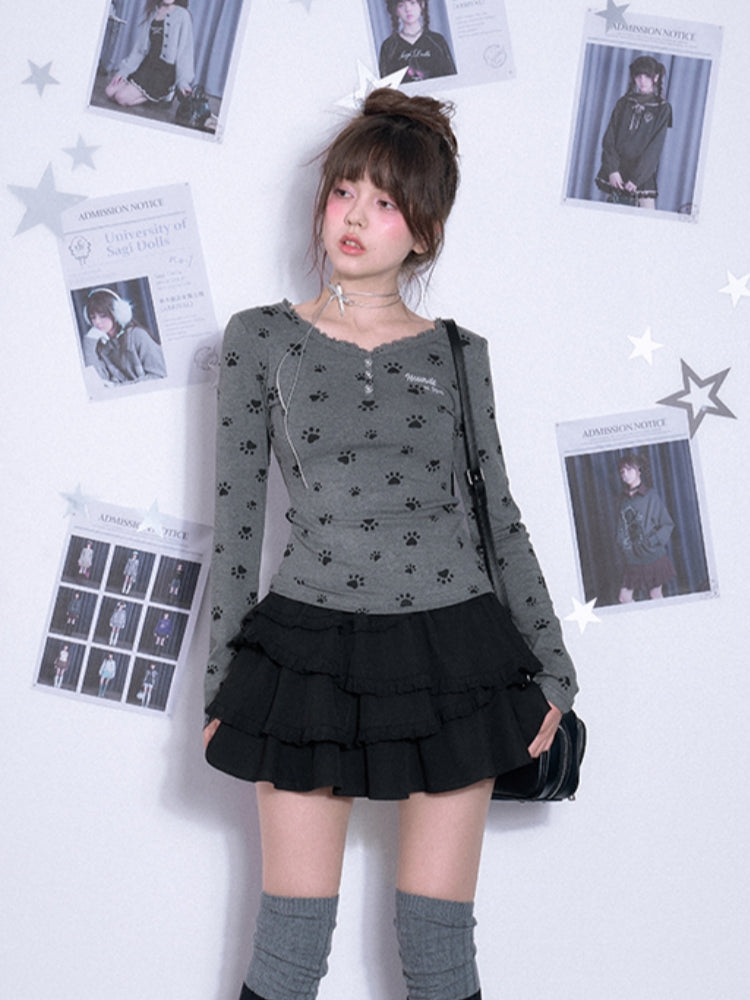 Cute puppy paw print V-neck long-sleeve top