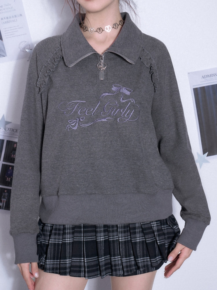 Waffle knit mock neck long-sleeve sweatshirt