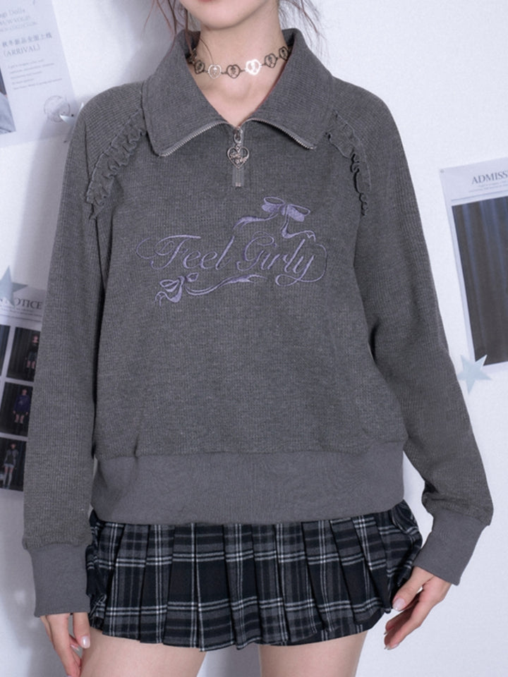 Waffle knit mock neck long-sleeve sweatshirt