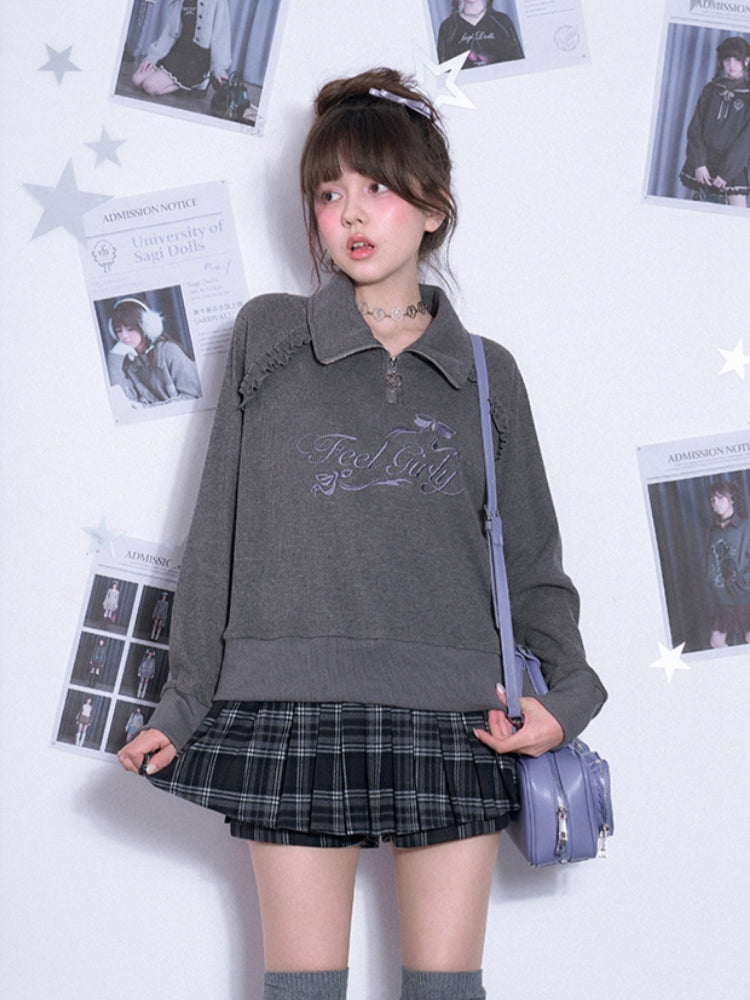 Waffle knit mock neck long-sleeve sweatshirt