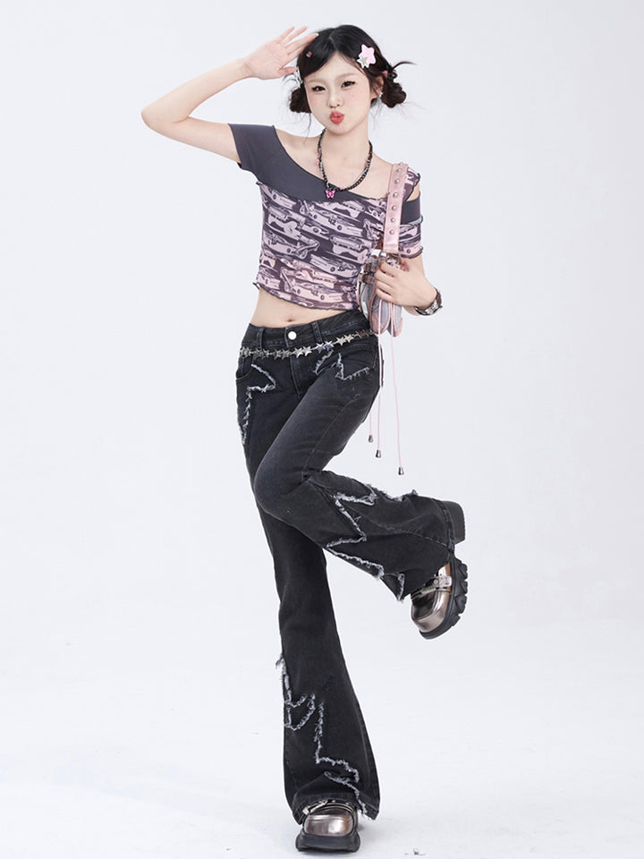 Gray Vintage Sheer Cropped Printed T-shirt