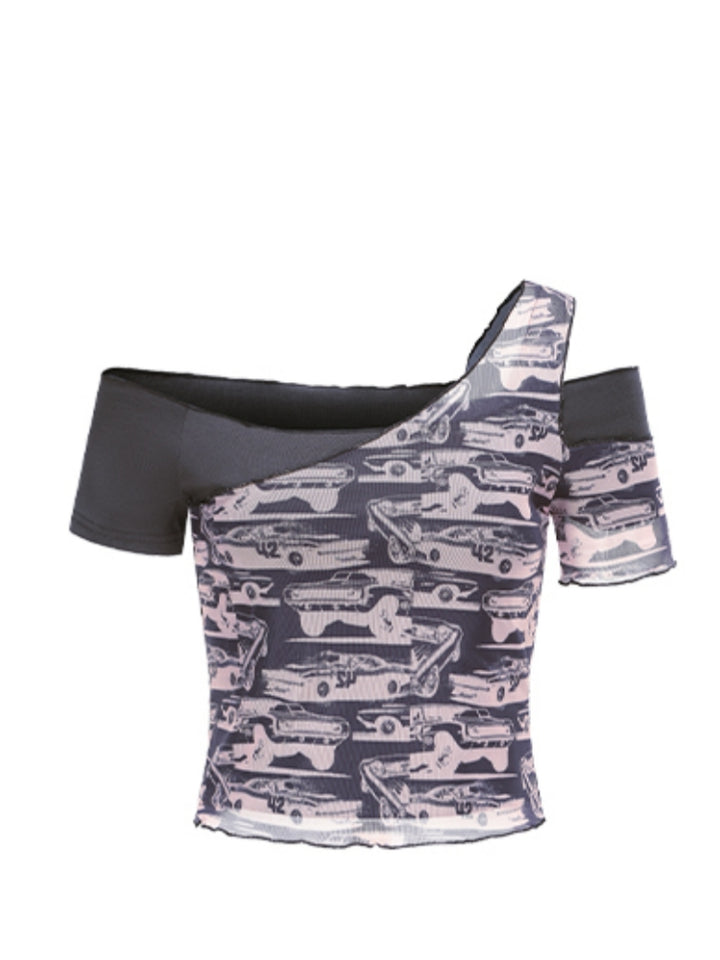 Gray Vintage Sheer Cropped Printed T-shirt