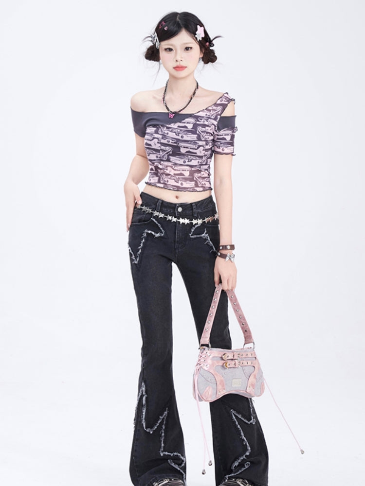 Gray Vintage Sheer Cropped Printed T-shirt