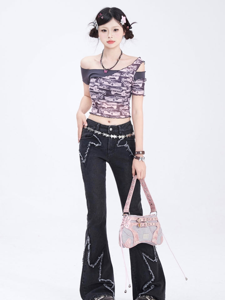 Gray Vintage Sheer Cropped Printed T-shirt