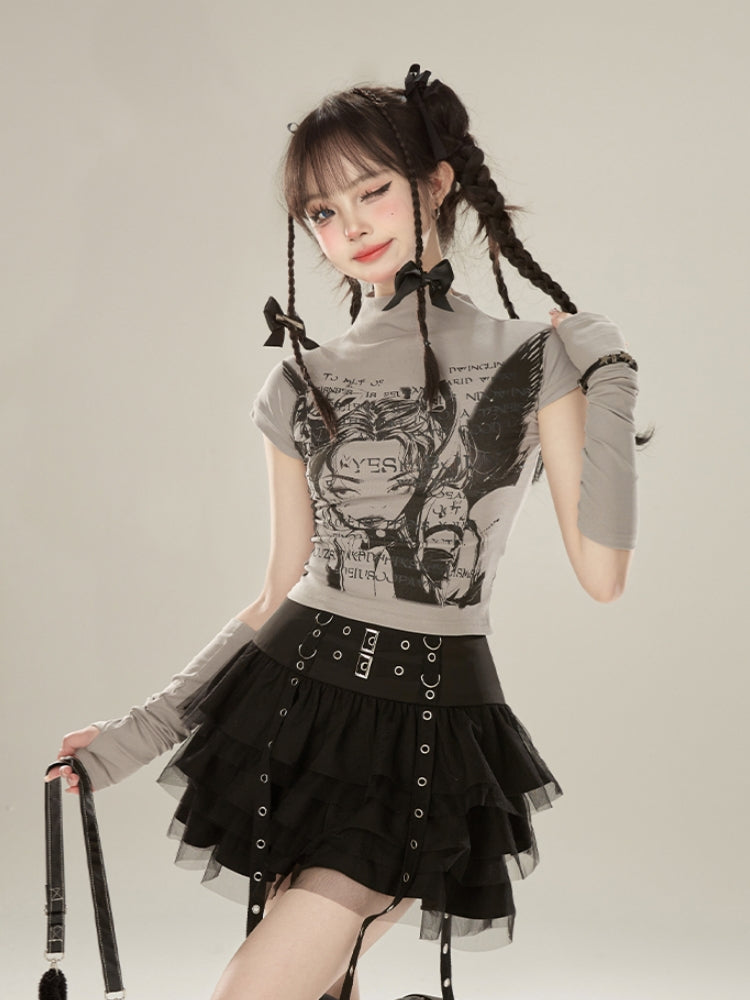 Gray Half-Turtleneck Short Sleeve T-shirt