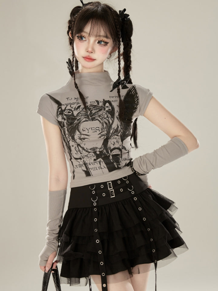 Gray Half-Turtleneck Short Sleeve T-shirt
