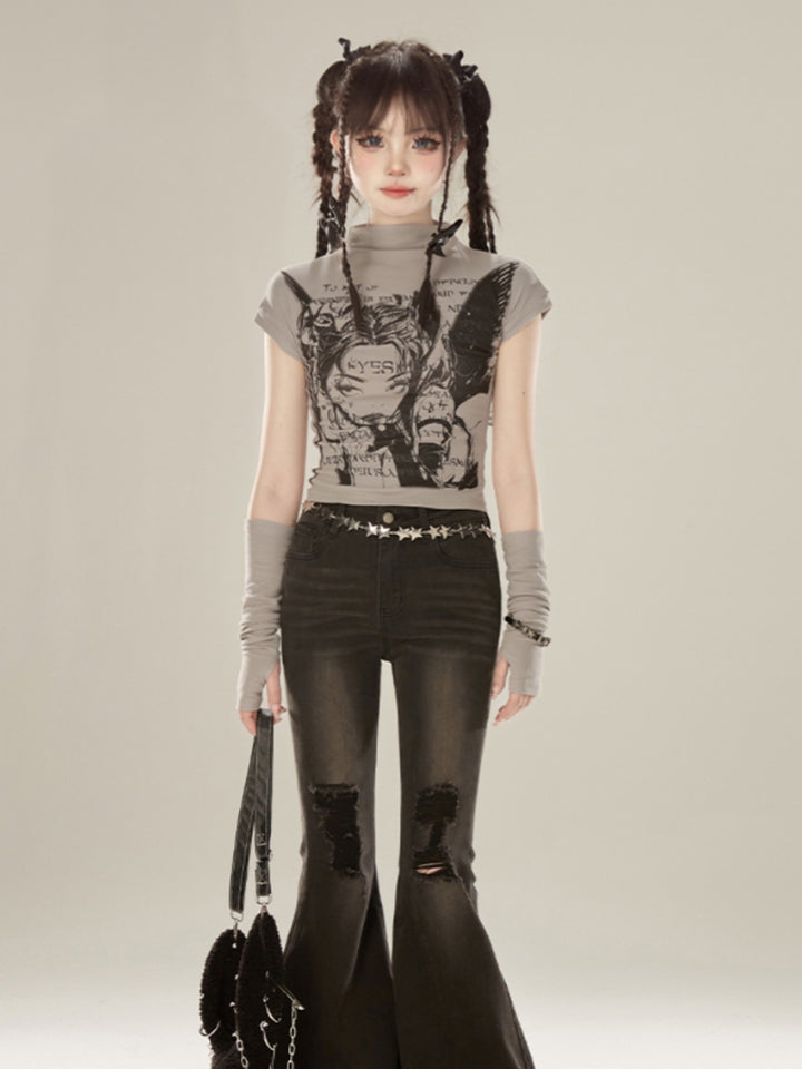 Gray Half-Turtleneck Short Sleeve T-shirt