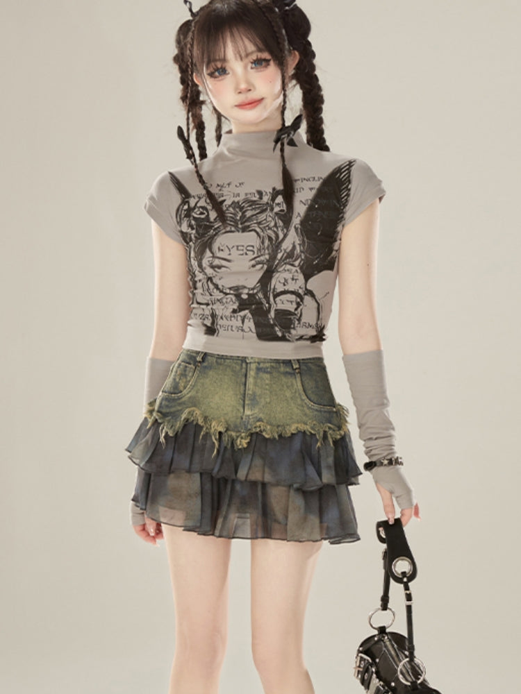 Gray Half-Turtleneck Short Sleeve T-shirt