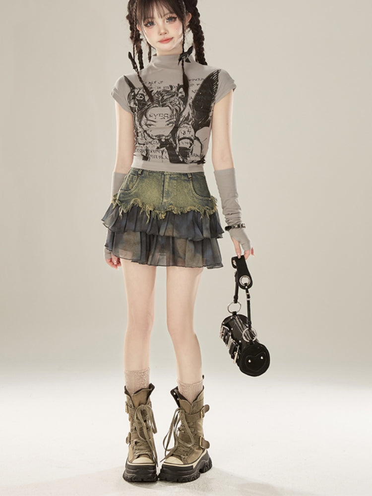 Gray Half-Turtleneck Short Sleeve T-shirt