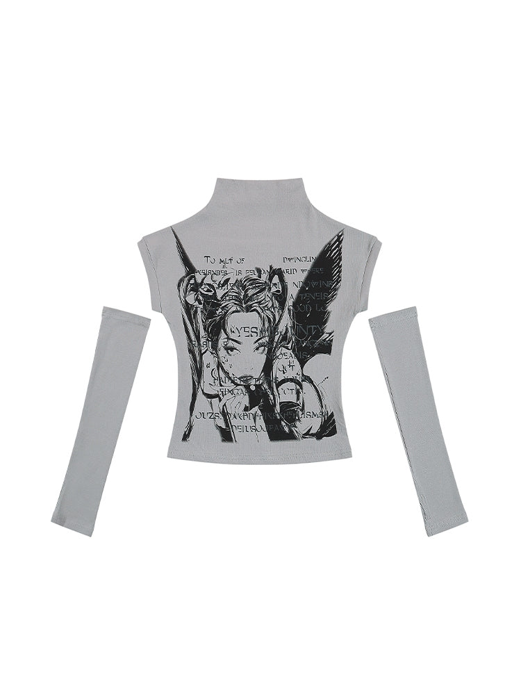 Gray Half-Turtleneck Short Sleeve T-shirt