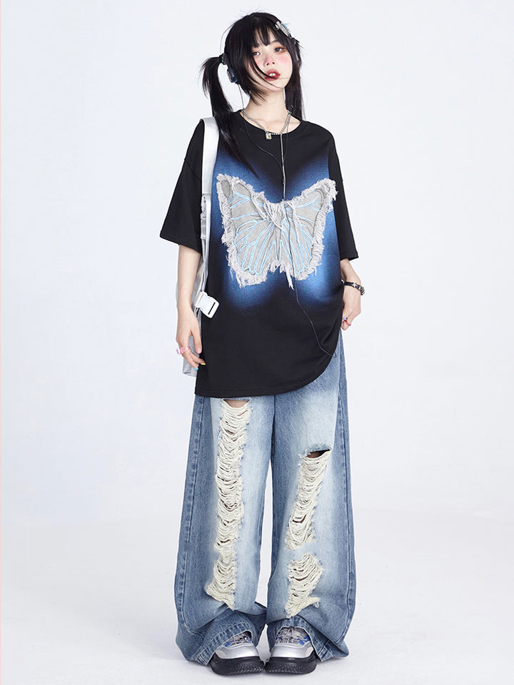 Black / White Butterfly Embroidery Round Neck Top for Summer