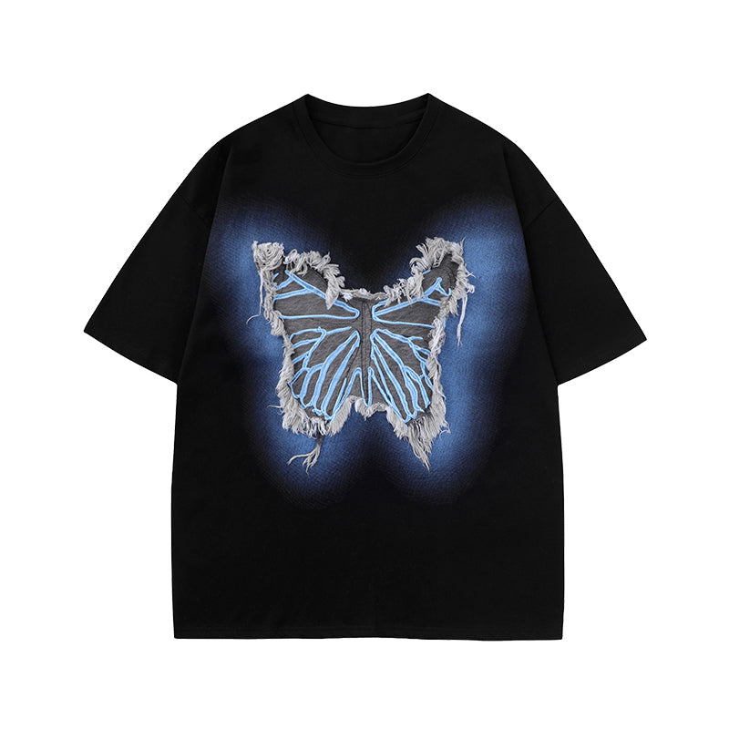 Black / White Butterfly Embroidery Round Neck Top for Summer