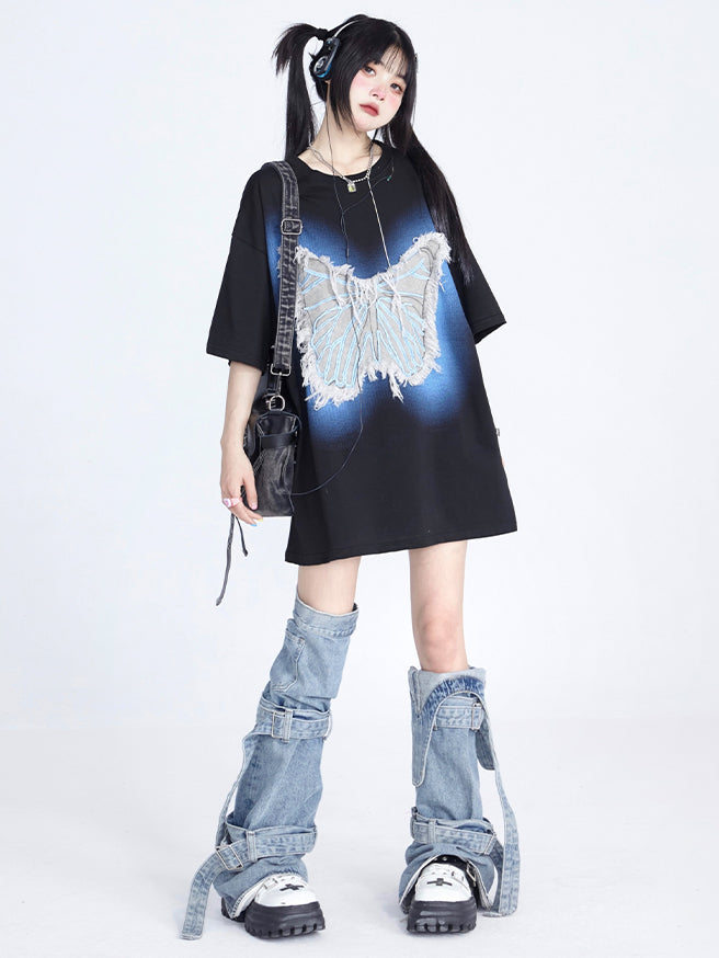 Black / White Butterfly Embroidery Round Neck Top for Summer