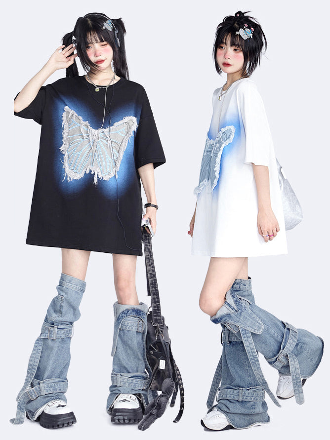 Black / White Butterfly Embroidery Round Neck Top for Summer