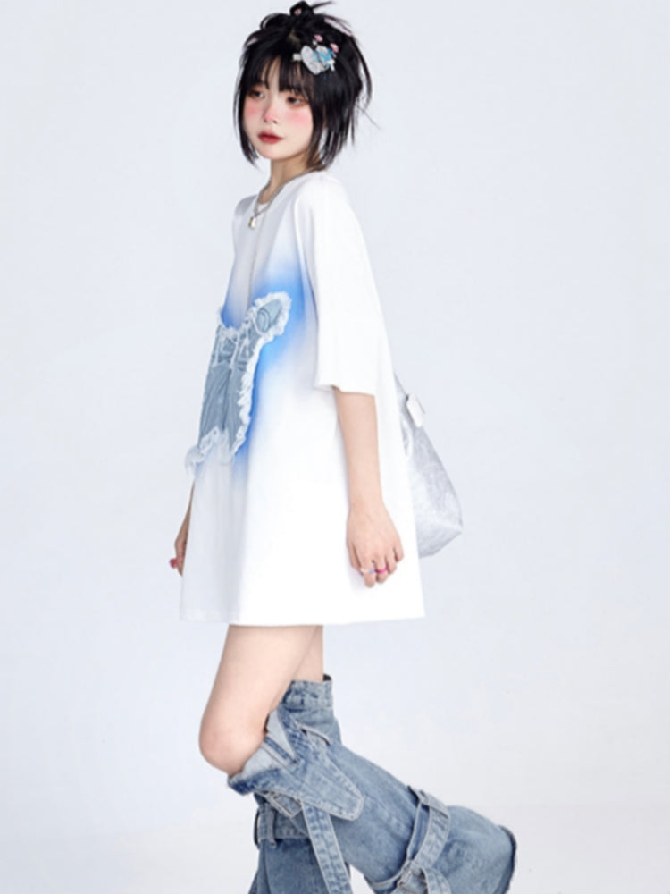 Black / White Butterfly Embroidery Round Neck Top for Summer