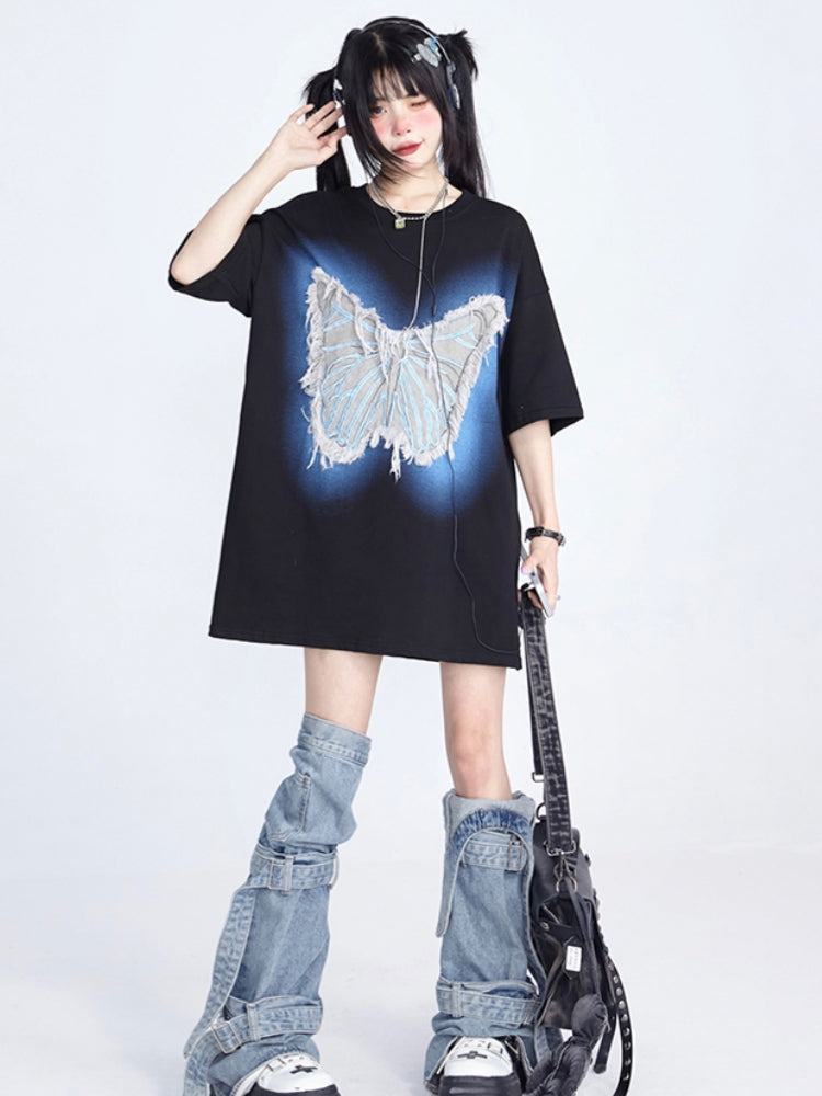 Black / White Butterfly Embroidery Round Neck Top for Summer