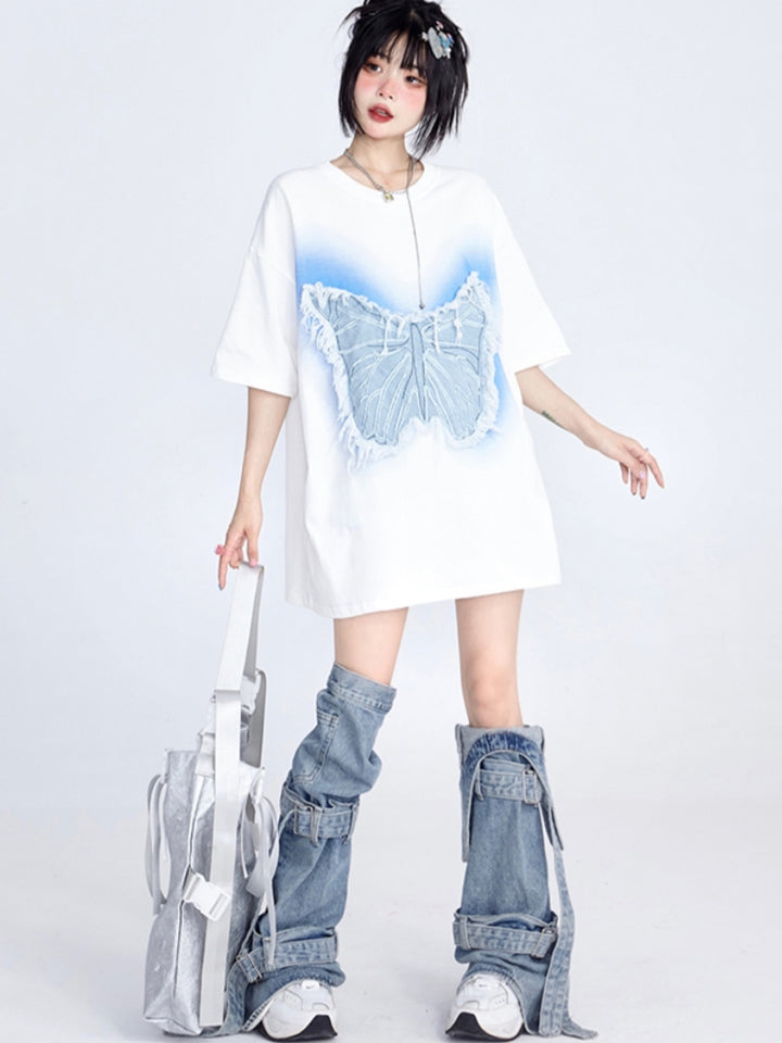 Black / White Butterfly Embroidery Round Neck Top for Summer