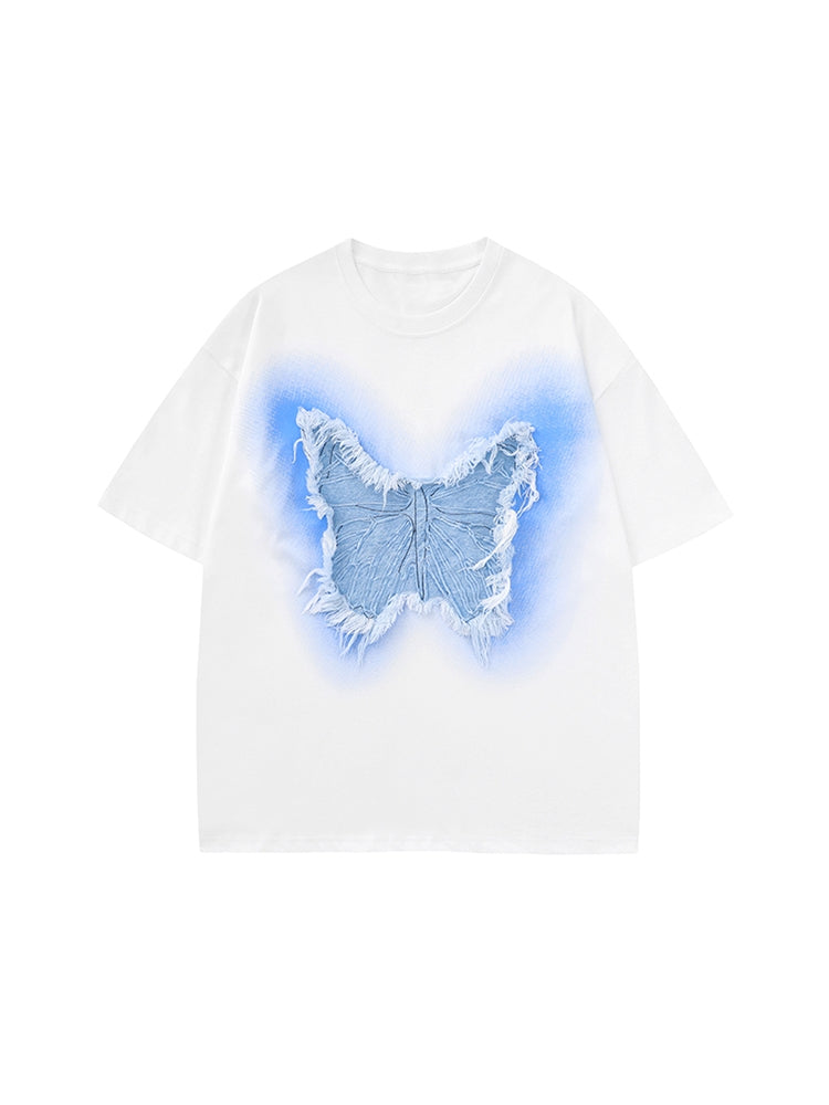 Black / White Butterfly Embroidery Round Neck Top for Summer