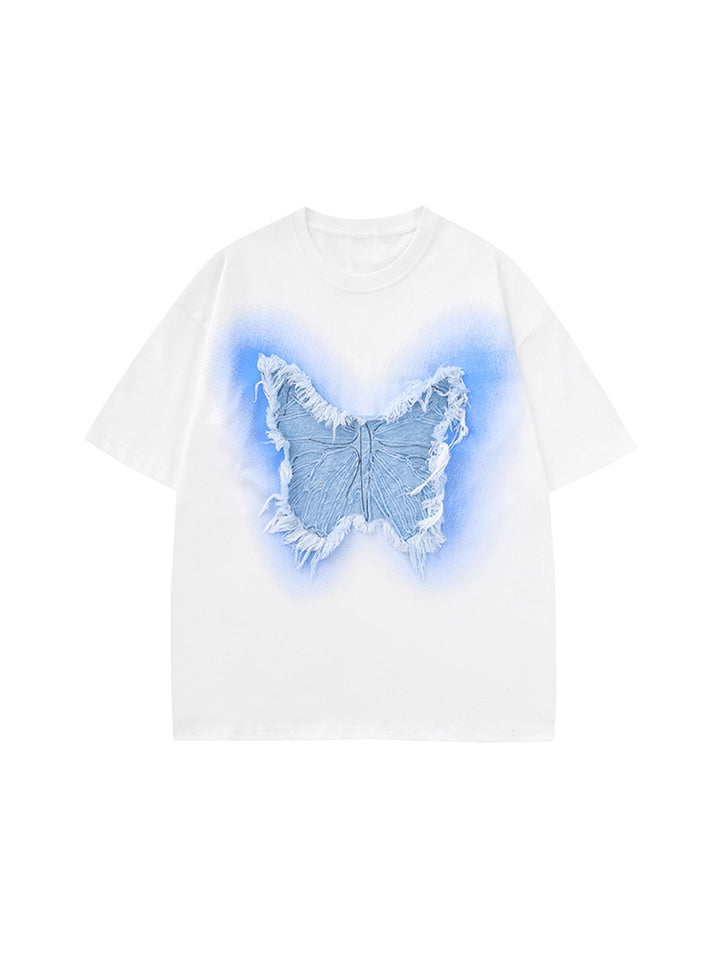 Black / White Butterfly Embroidery Round Neck Top for Summer