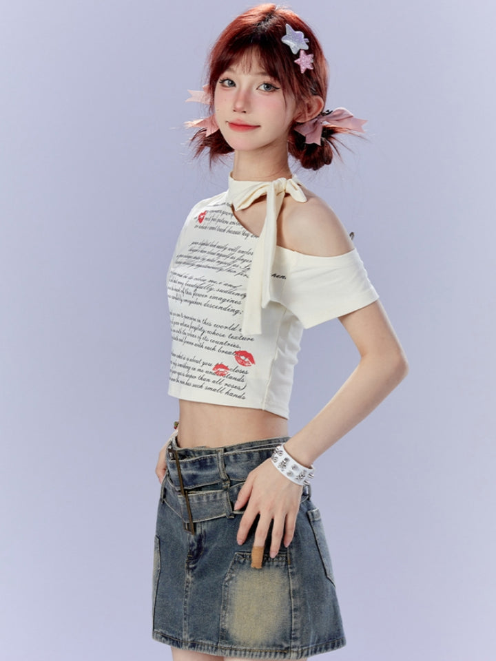 Hot Girl Off-Shoulder Lace-Up Cropped White T-shirt