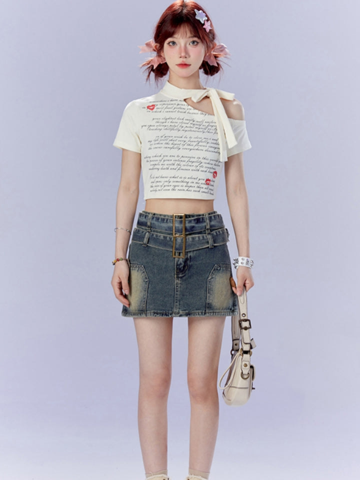 Hot Girl Off-Shoulder Lace-Up Cropped White T-shirt