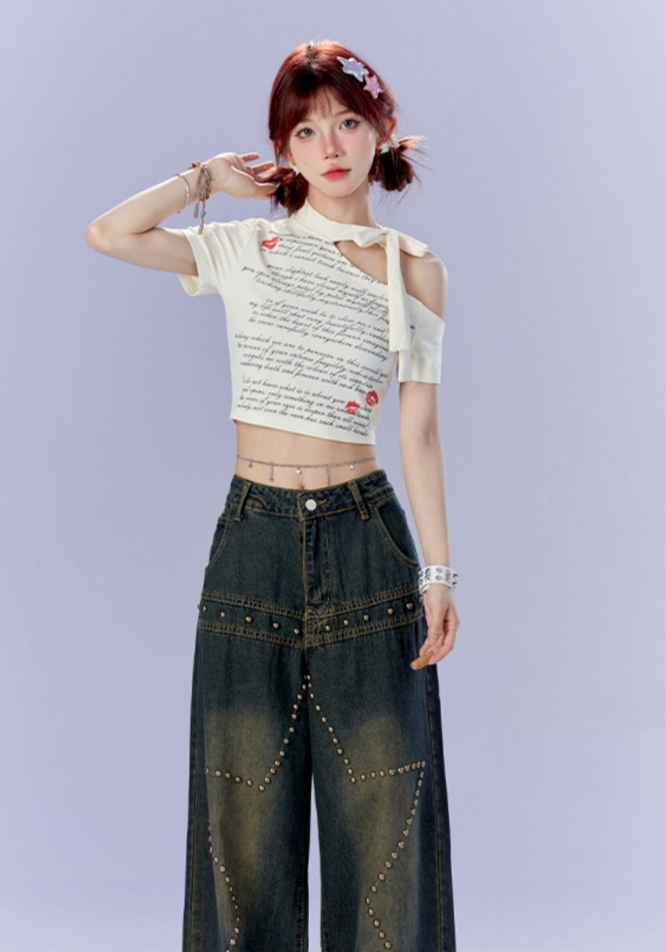 Hot Girl Off-Shoulder Lace-Up Cropped White T-shirt
