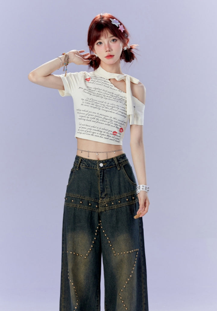 Hot Girl Off-Shoulder Lace-Up Cropped White T-shirt
