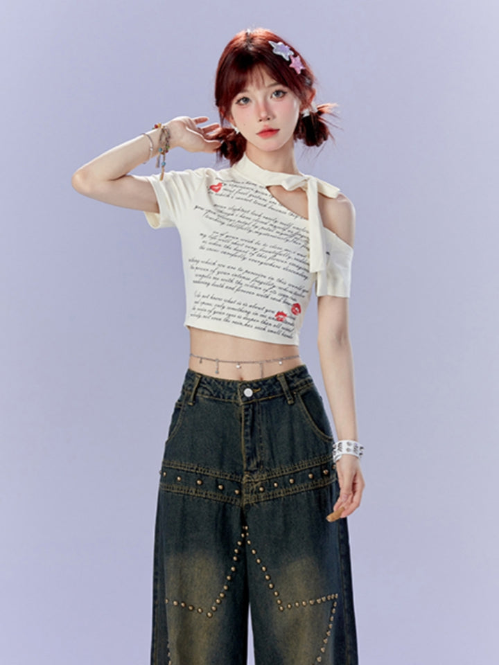 Hot Girl Off-Shoulder Lace-Up Cropped White T-shirt