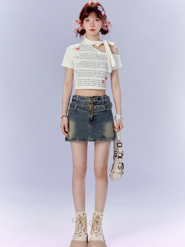 Hot Girl Off-Shoulder Lace-Up Cropped White T-shirt
