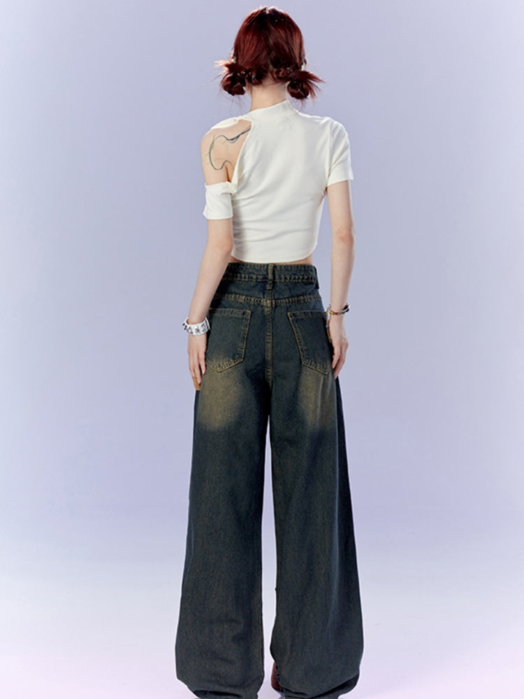 Hot Girl Off-Shoulder Lace-Up Cropped White T-shirt