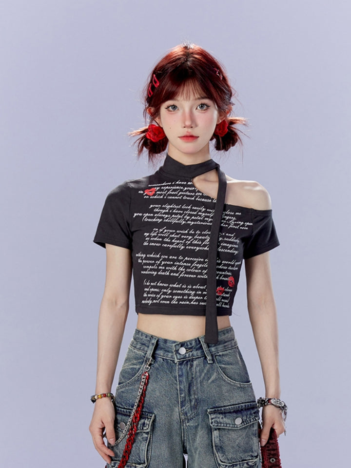 Hot Girl Off-Shoulder Lace-Up Cropped Black T-shirt