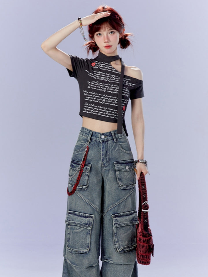 Hot Girl Off-Shoulder Lace-Up Cropped Black T-shirt