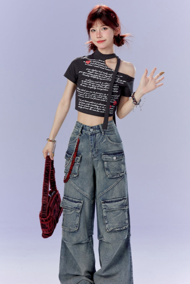 Hot Girl Off-Shoulder Lace-Up Cropped Black T-shirt