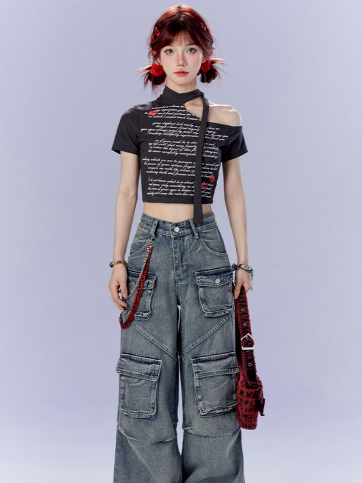 Hot Girl Off-Shoulder Lace-Up Cropped Black T-shirt