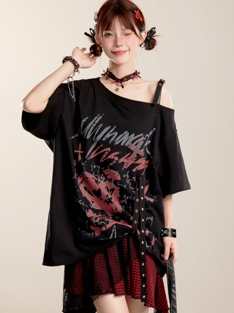 Summer Black Asymmetrical Shoulder Loose Fit T-shirt