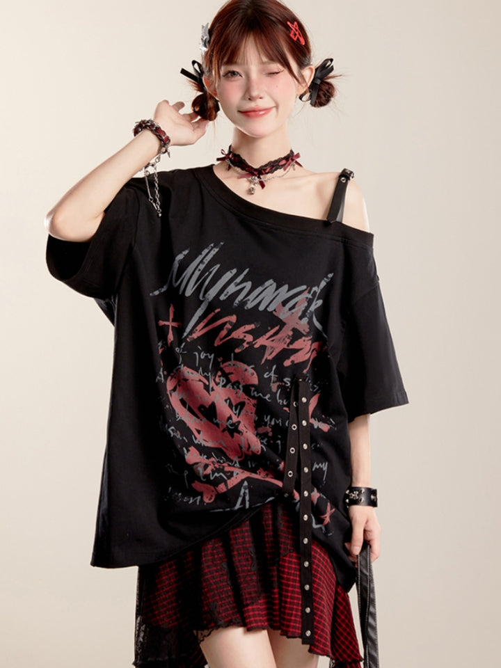 Summer Black Asymmetrical Shoulder Loose Fit T-shirt