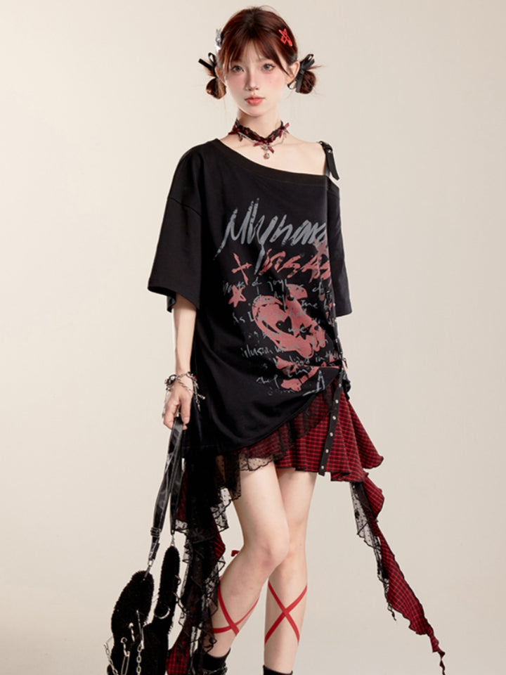 Summer Black Asymmetrical Shoulder Loose Fit T-shirt