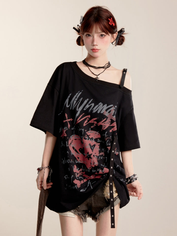 Summer Black Asymmetrical Shoulder Loose Fit T-shirt
